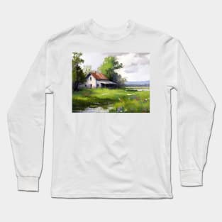 Watercolor of a pretty farmhouse in a field of wild flowers Long Sleeve T-Shirt